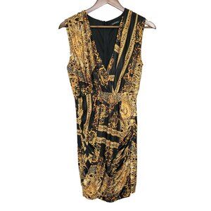 Banjul Sleeveless Baroque Print Ruched Dress Womens Size L Black Gold Party